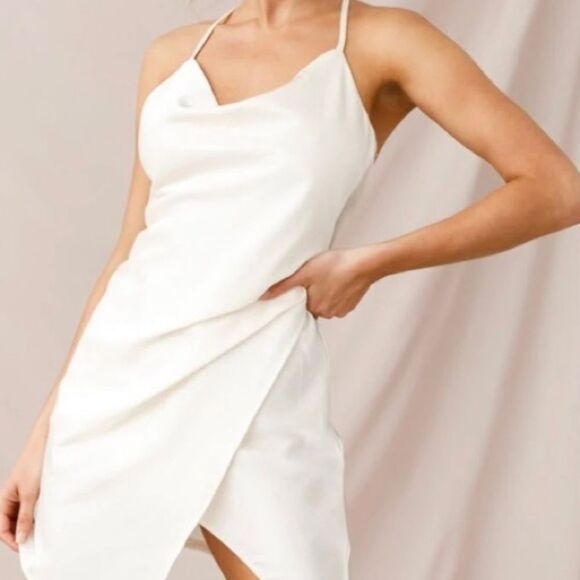 SELFIE LESLIE Dress Hey Girl NEW Satin Cowl Neck Mini White Size XS - Picture 3 of 11